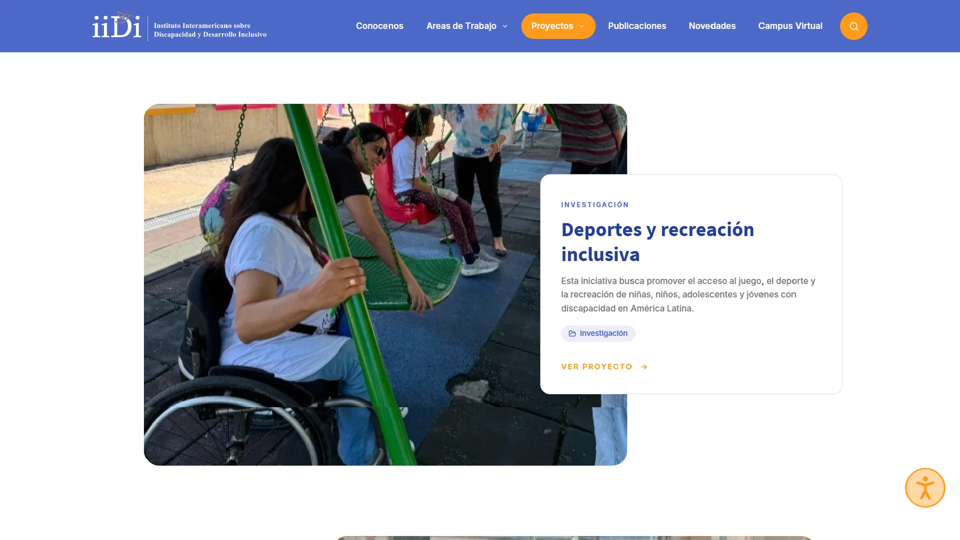 Página de proyectos de IIDI con una propuesta de deportes y recreación inclusiva.