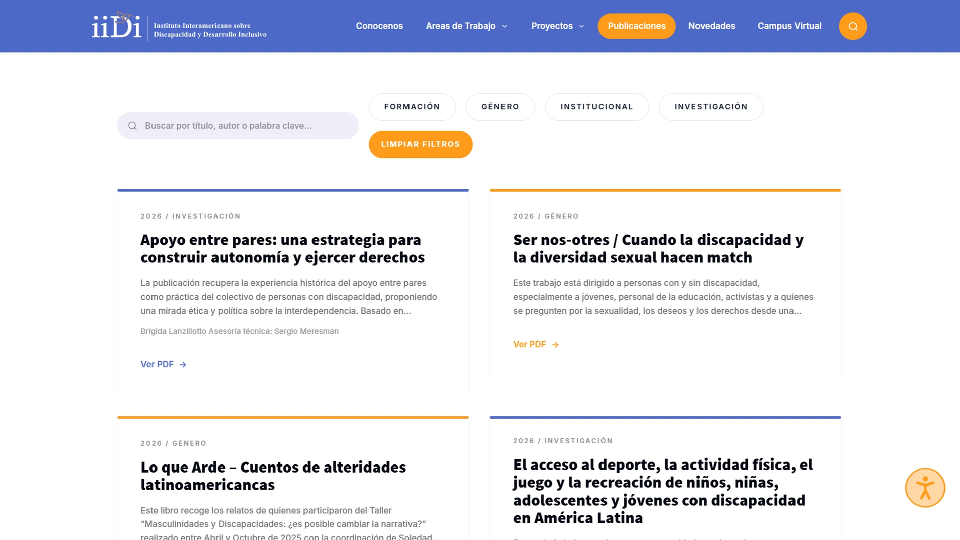 Página de publicaciones de IIDI con filtros por tema y tarjetas de contenidos.