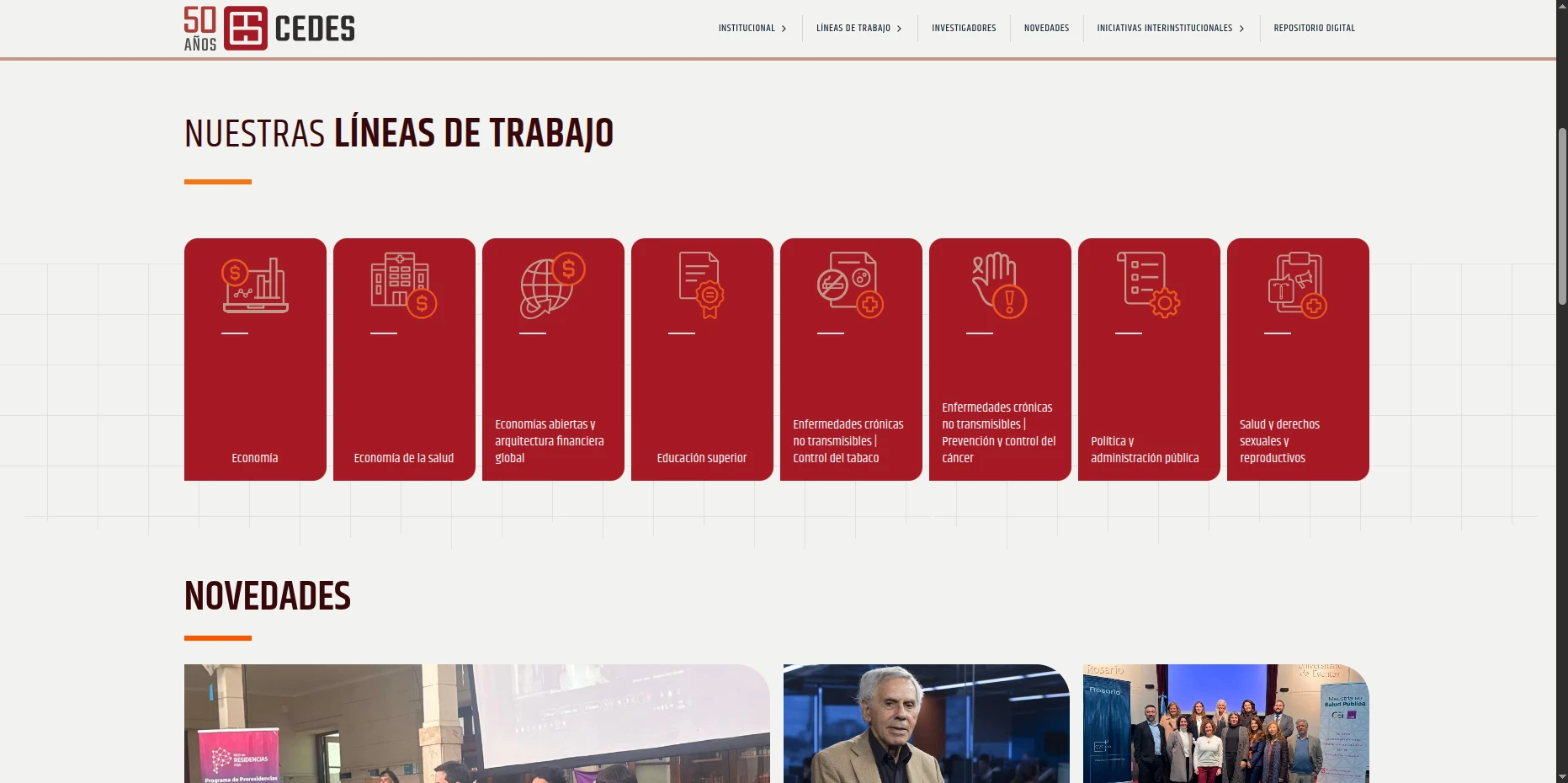 Página de inicio de CEDES con sus líneas de trabajo.