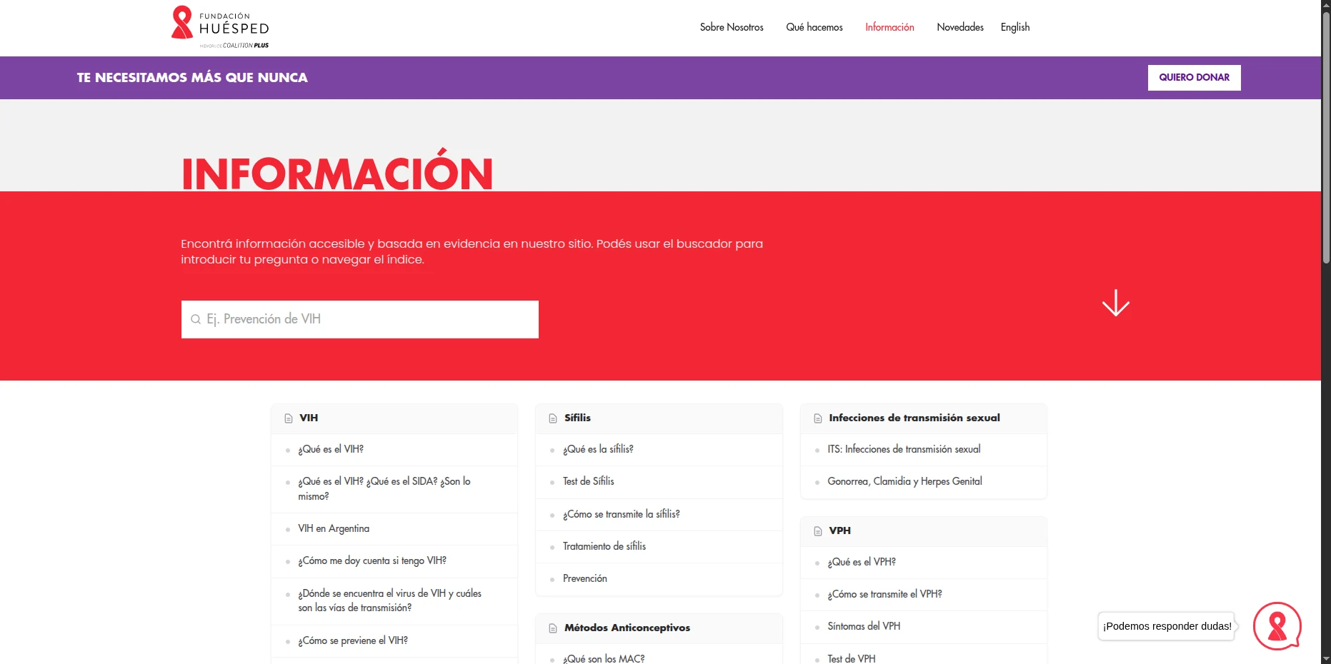 Sección Información de Fundación Huésped con buscador y categorías de contenidos.