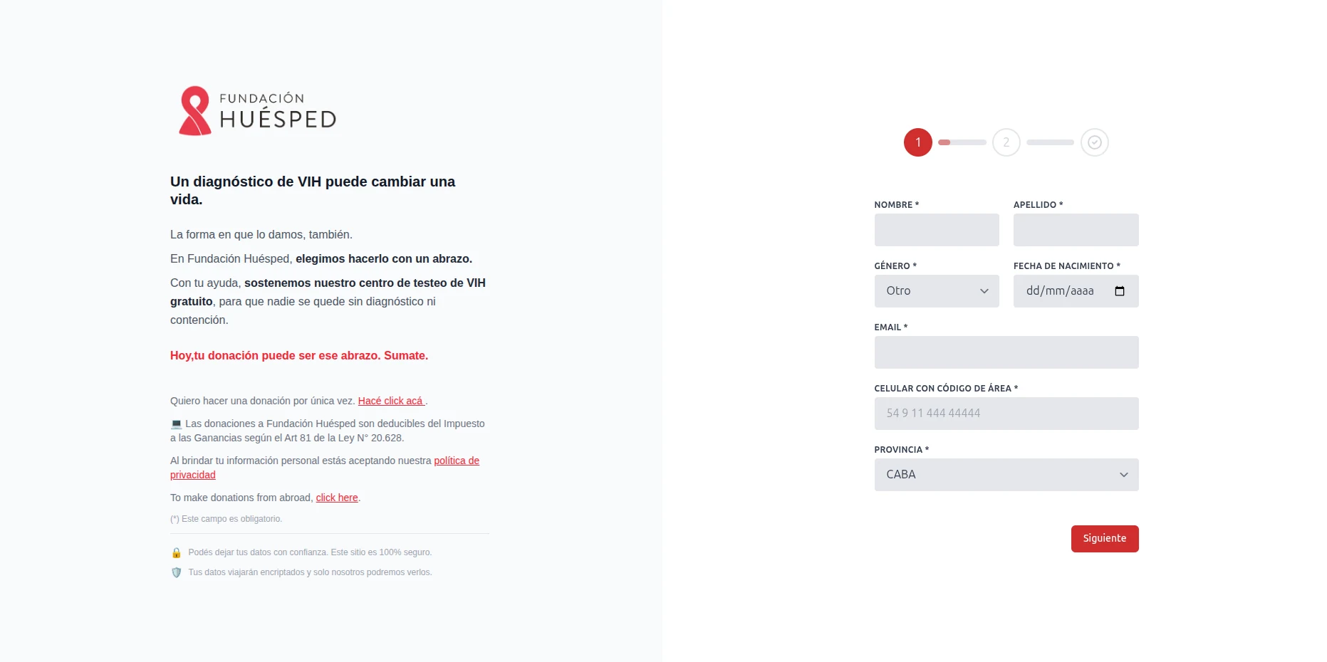 Formulario de donación de Fundación Huésped con pasos de carga de datos personales.