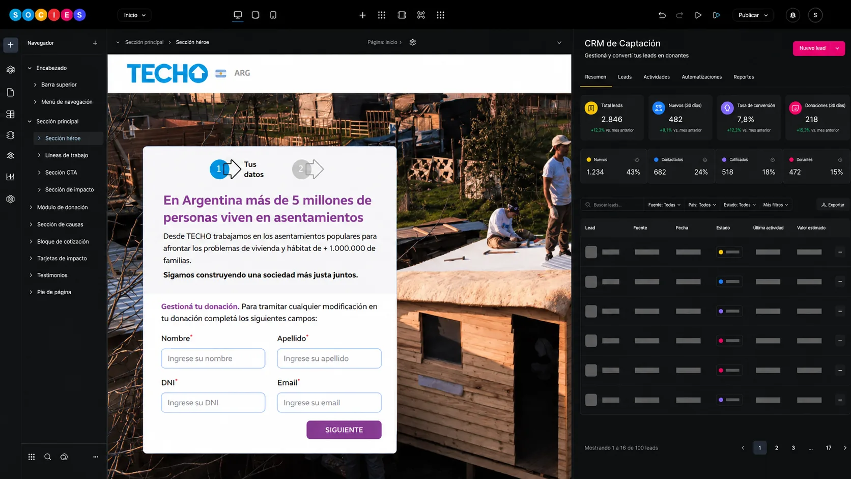 CRM de captación con resumen, leads y tabla de gestión conectado al formulario de bajas.